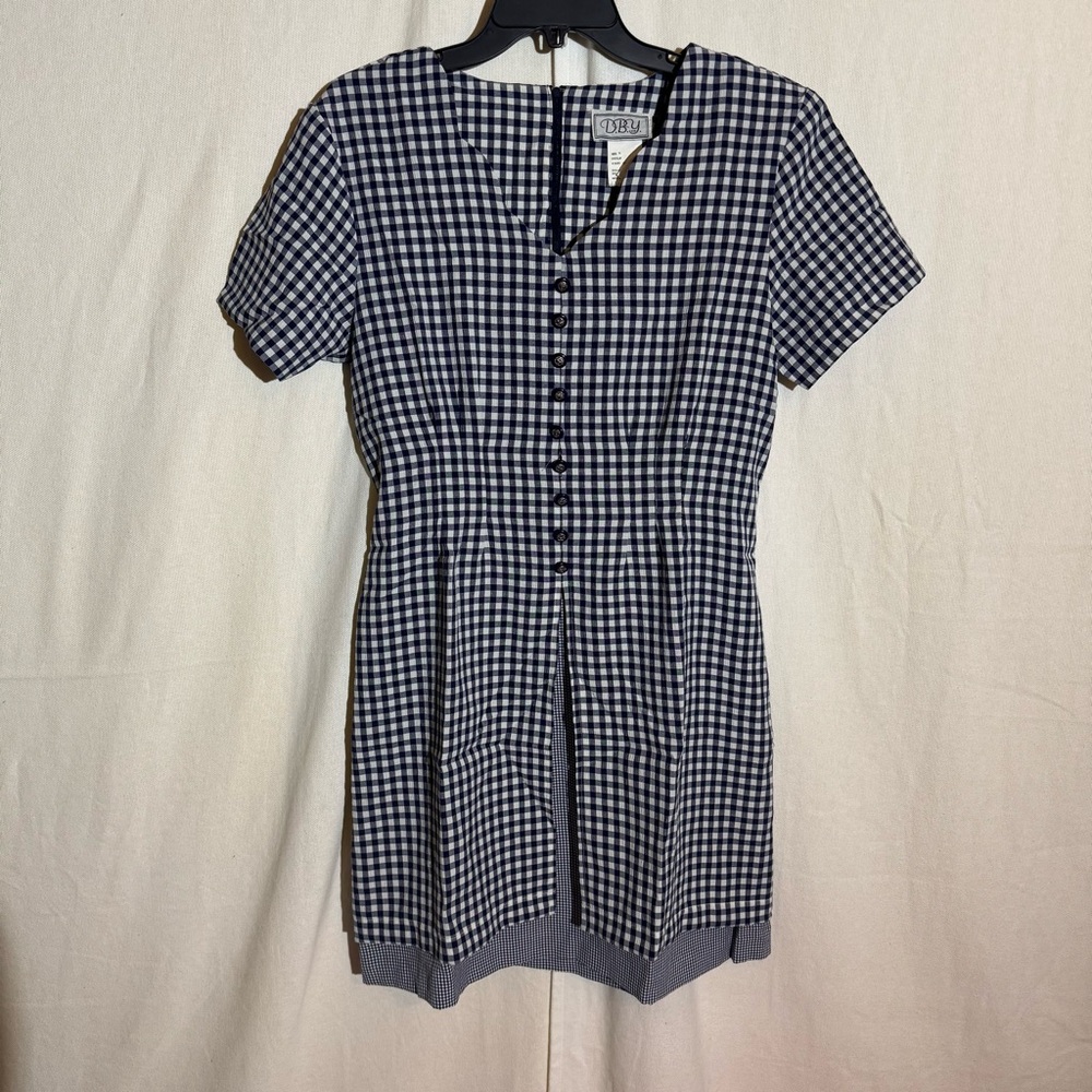 Vintage DBY // Navy, white gingham v neck fitted mini dress size 11 Mar2